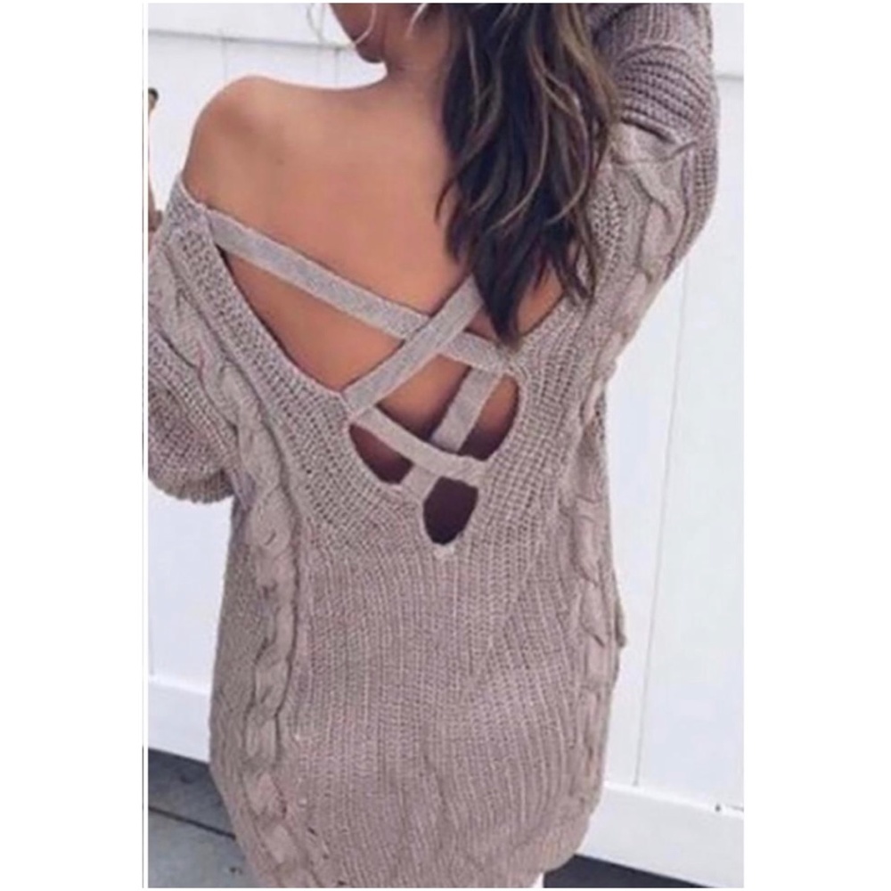 Cozy Mauve V neck cable Knit criss cross back Oversized Sweater - Picture 1 of 4